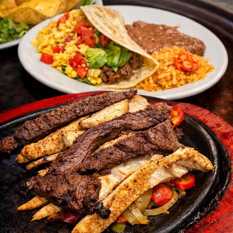 Sizzling fajitas with steak and chicken, alongside a taco, rice, beans, and nachos.