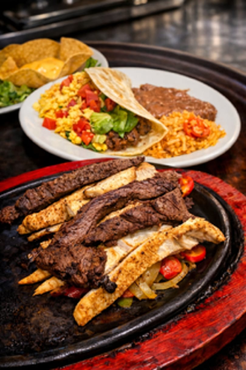 Sizzling steak and chicken fajitas with peppers and onions, alongside a taco, rice, and beans.