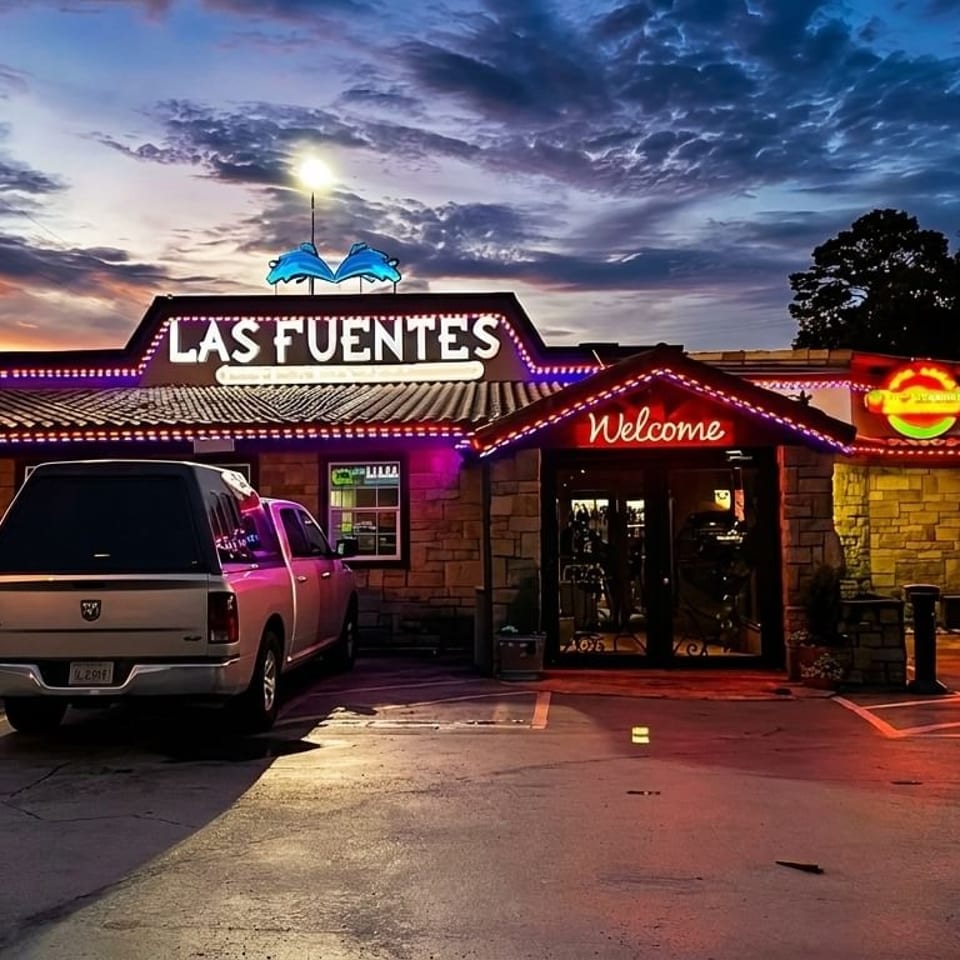 Las Fuentes restaurant exterior at dusk, illuminated by neon lights, with cars parked in front.